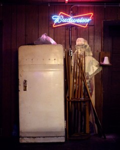 Refrigerator, Budweiser Sign And Pool Cue Stand, Schroeder's Place, Thorndale, Texas